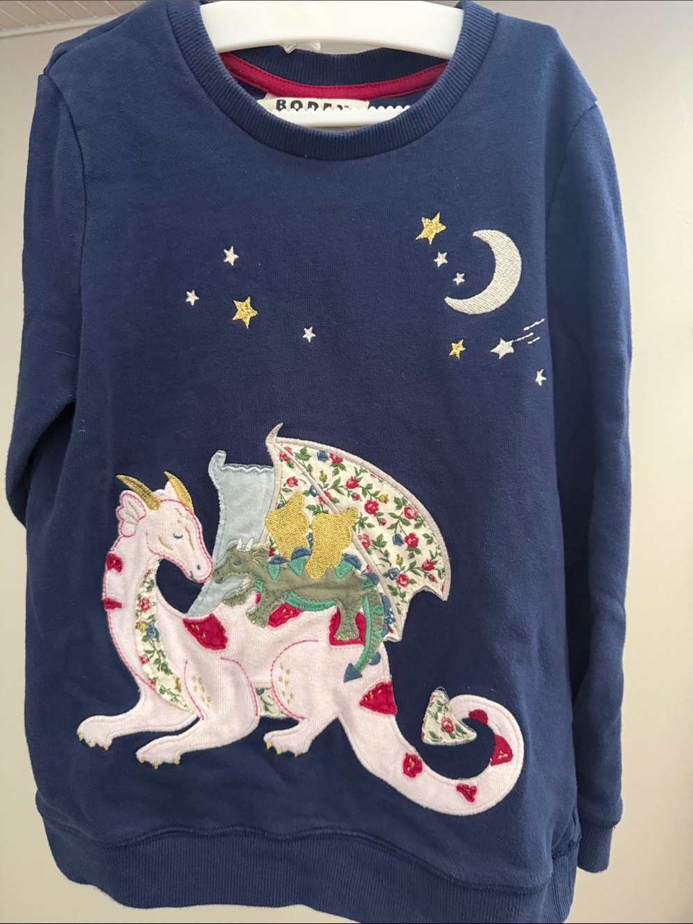 Boden Navy Sweatshirt with Pink Dragon and Floral Appliqué